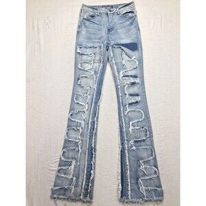 ROCKSTAR ORIGINAL Zariyah Jean Women S (28x36) Stacked Flare Light Wash Fringed